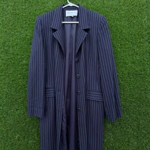 Hugo Buscati Womens Navy Blue Pinstripe Long Blazer Jacket Wool Blend Size 16